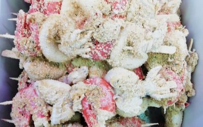 Spiedini panati di seppia e gambero sgusciato